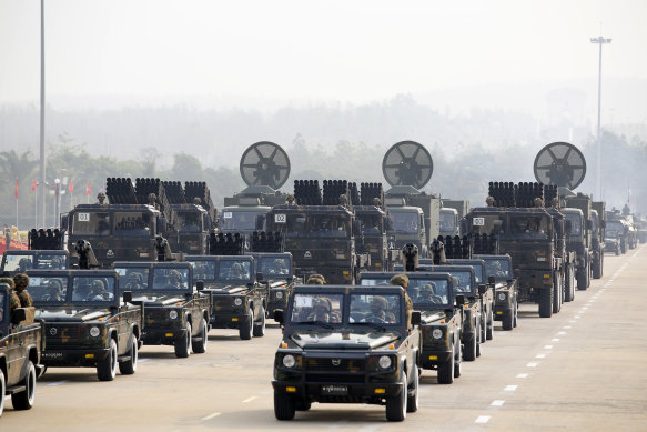 Military vehicles parade on Armed Forces Day in Myanmar’s capital Naypyitaw on Saturday.