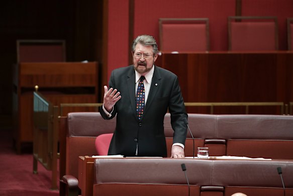Senator Derryn Hinch speaking in federal parliament in 2018.