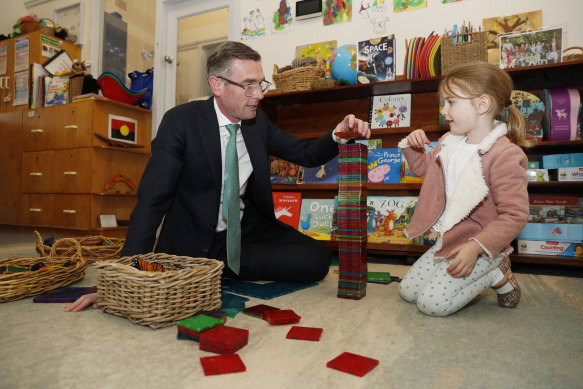 NSW Premier Dominic Perrottet playing with his daughter Harriet at Cheltenham Memorial Preschool last week.