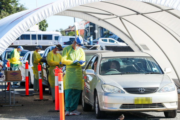 Drive-through coronavirus testing at Bondi Beach on Friday.