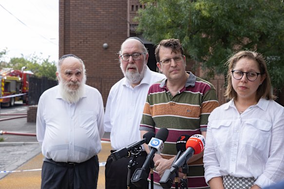 The Jewish Community Council of Victoria’s Naomi Levin (right) with Benjamin Klein (left), Yossi Aron, and Daniel Aghion, KC, in the aftermath of the Adass Israel Synagogue attack.