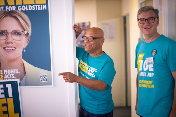 Zoe Daniel volunteers Viresh Ratnayeke and Michael Mack at her campaign headquarters. 