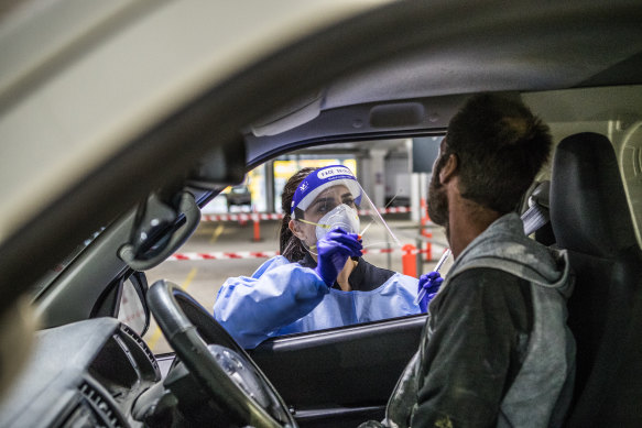 A drive-thru testing clinic at Bunnings' West Footscray store.