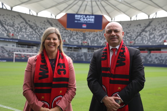 Wanderers chief executive John Tsatsimas and Natalie Wright, the director of the NSW Office of Responsible Gambling.