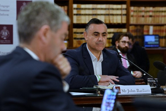 John Barilaro (centre) gives evidence during an inquiry last year.