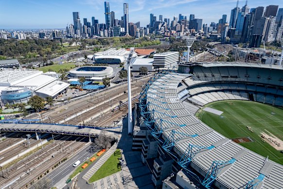Many sports and arts events are staged in the venues in Melbourne’s sports precinct, seen here from above.