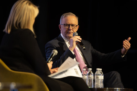 Prime Minister Anthony Albanese during a question-and-answer session at an economic and social forum in Melbourne today.