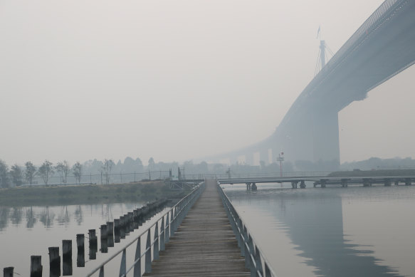 Melbourne blanketed by smoke, as seen from Yarraville on Tuesday morning.