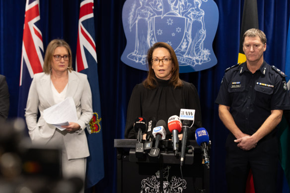 Premier Jacinta Allan (left), Attorney-General Jaclyn Symes and Victoria Police Chief Commissioner Shane Patton on Tuesday.