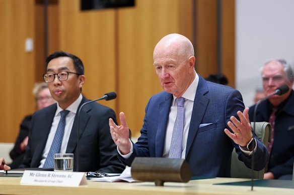 Macquarie chairman Glenn Steven (right) told a parliamentary committee into the KPMG scandal that it was “conceivable” Macquarie could tear up its audit contract.