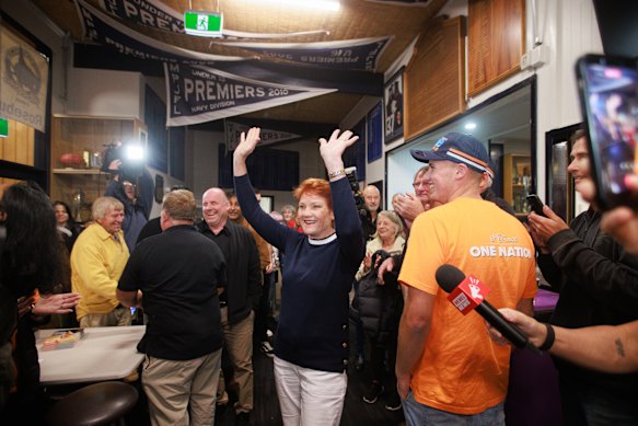 Pauline Hanson in Rosebud on Friday night. She and One Nation are enjoying a surge of popularity in Victoria. 