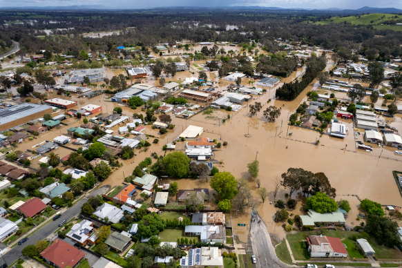 Flooding the centre of Seymour on Friday. 