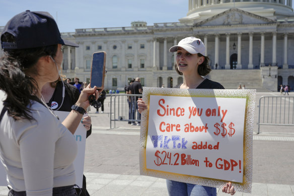 A TikTok content creator, speaks to reporters outside the US Capitol as the Senate voted on the bill.