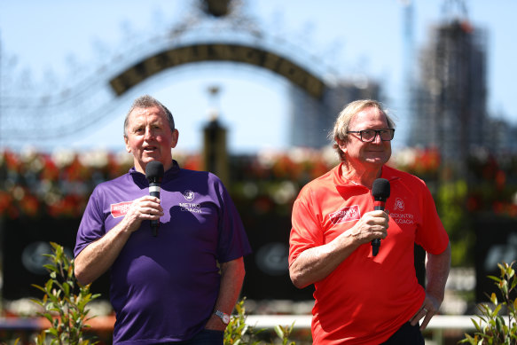 Denis Pagan, left, and Kevin Sheedy, right, will coach rival teams at Flemington’s Rapid Racing meeting. 