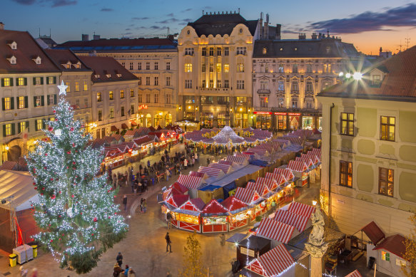 Christmas markets in the main square in Bratislava, Slovakia.