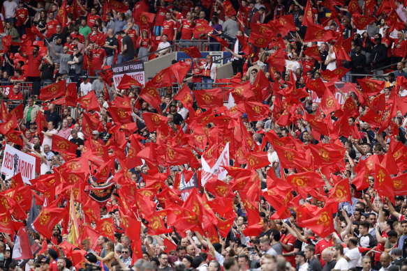Manchester United supporters crowd the stands before the English FA Cup semifinal between Manchester United and Tottenham Hotspur at Wembley stadium in 2018 - this year, 4,000 supporters may be allowed to attend, subject to COVID tests. 