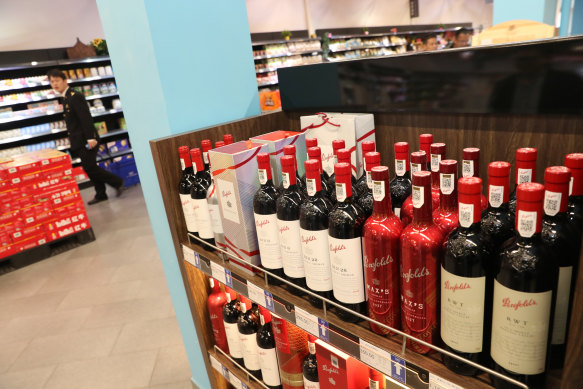 Nantong province, China, November 2020: Bottles of wine imported from Australia are displayed for sale at a supermarket in Nantong Free Trade Zone.