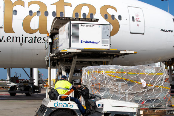 Some 300,000 doses of the Oxford-AstraZeneca vaccine arrive at Sydney International airport on February 28.