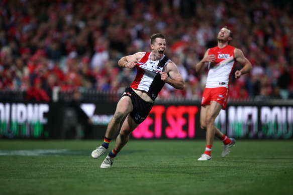 St Kilda’s Jack Higgins celebrates after kicking a goal.