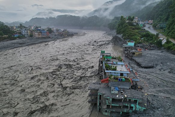 A drone view of the aftermath of flash flooding along the Trishuli River.