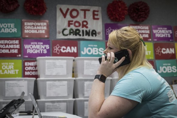 Liz Watterson on the phone at Labor’s East Burwood campaign office for candidate Carina Garland.