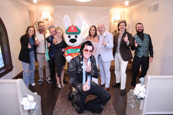 Sit this one out, Elvis: The Vegas wedding featuring Kaylene Cormack and Michael Bekavac with Reggie The Rabbit. 