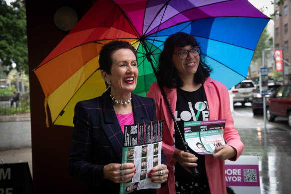 Sydney Lord Mayor Clover Moore and deputy mayor Jess Scully campaign at Potts Point in 2021. Moore has praised Scully’s “fierce intelligence and limitless energy”.
