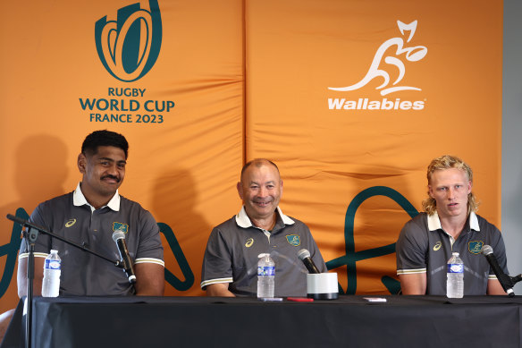 Will Skelton, Eddie Jones and Carter Gordon at a Wallabies press conference on Thursday. 