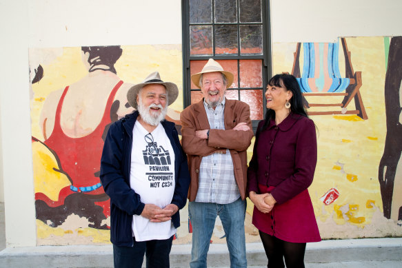 Celebrating the success of the campaign to save the Bondi Pavilion as a community asset: (from left) filmmaker Mark Gould, actor and documentary narrator Michael Caton and actor-singer Eliane Morel, who is convener of Friends of Bondi Pavilion.
