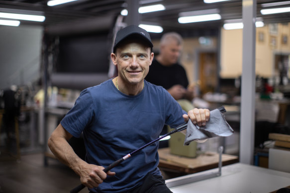 Brett Prebble flexes a whip in his workshop as he prepares to return to riding at Rosehill on Saturday.  