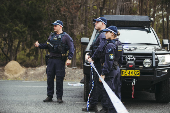 Police set up a crime scene after the bodies of missing Sydney couple Jesse Baird and Luke Davies were found at a property outside Bungonia near Goulburn.
