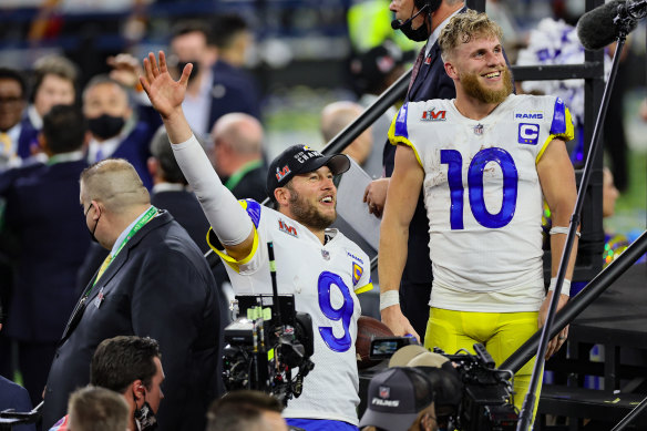 Cooper Kupp (right) celebrates with quarterback Matthew Stafford after their Super Bowl triumph. Kupp was awarded the MVP.