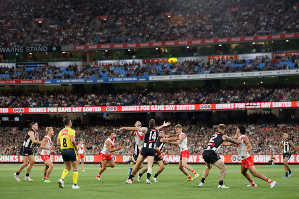 Brodie Grundy and the ruckman who usurped him at Collingwood, Darcy Cameron, compete in front of 80,000 fans at the MCG last week.