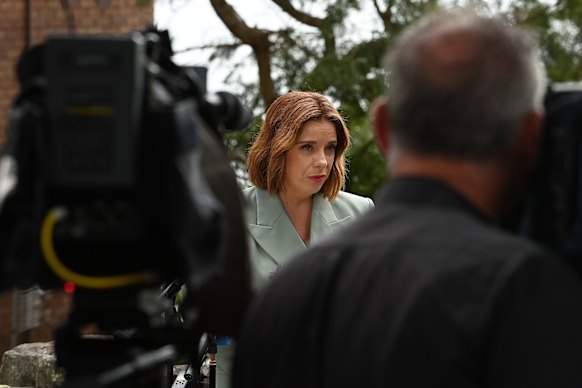 Federal Minister for Communications Anika Wells holds a press conference before attending an event at Kirribilli House.