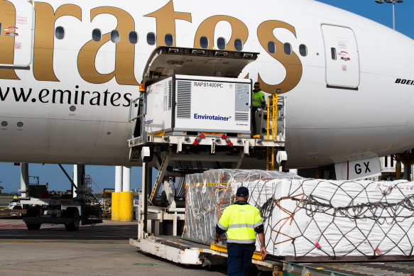 The first of the Oxford University-AstraZeneca arrived at Sydney Airport on Sunday.