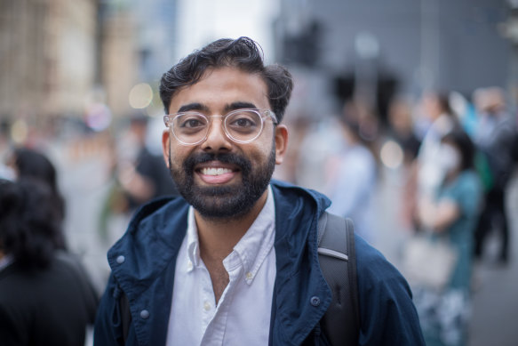 Office worker Ashwin George during his commute through the Melbourne CBD. 