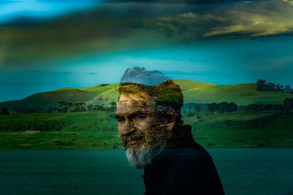 John Clarke at Lake Keilambete, with Mount Noorat in the background. 