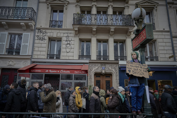 Protesters outside a Metro station in Paris.