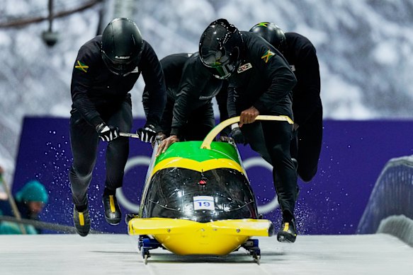 Jamaica’s four-man bobsled team at the track in Cortina.