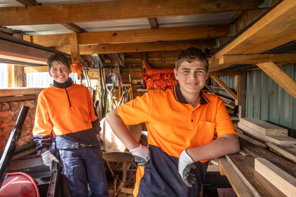 McClelland College students Will Coburn and Campbell Zach in the school shed building work to sell at market - and fundraise for a fun student excursion.