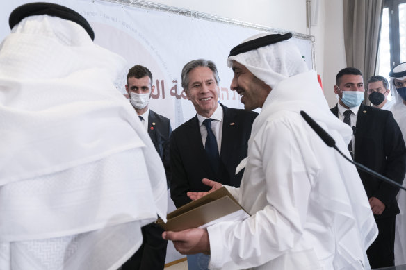 After meeting for the Negev Summit, US Secretary of State Antony Blinken, centre, chats with United Arab Emirates’ Foreign Minister Sheikh Abdullah bin Zayed Al Nahyan in Sde Boker, Israel.
