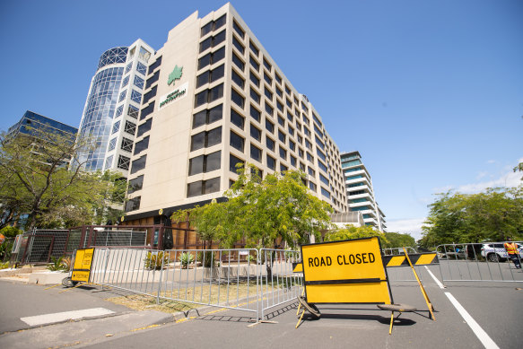 The road is closed around the hotel in St Kilda Road.