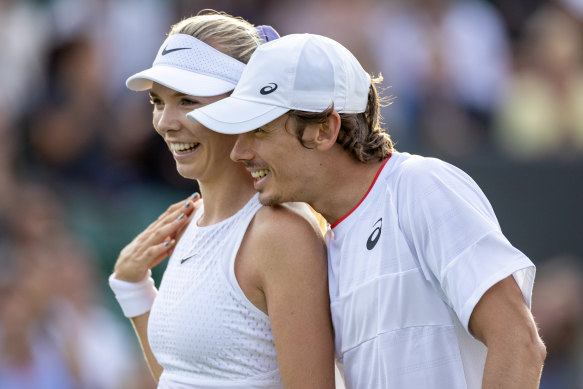 Alex de Minaur and his girlfriend Katie Boulter playing mixed doubles at Wimbledon last year.