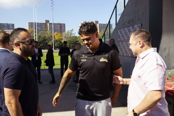 South Sydney Rabbitohs player Latrell Mitchell with supporters after speaking to the media about online abuse.

