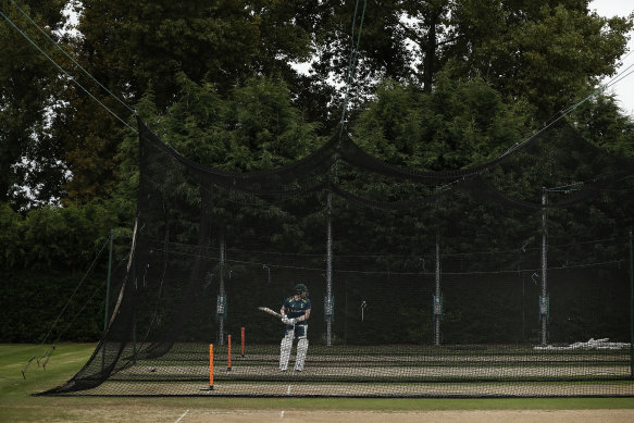 Steve Smith bats in the nets at the County Ground in Derby.