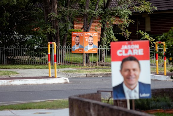 Campaign signage for Education Minister and Member for Blaxland Jason Clare and independent candidate for Blaxland Ahmed Ouf in Granville.