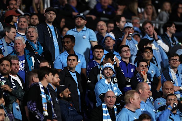Sydney FC fans look on in frustration as the grand final slips away.