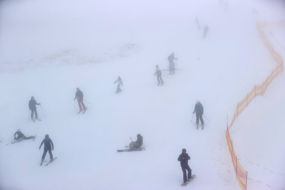 Foggy conditions didn’t stop the Bourke Street slope at Mt Buller from being packed on Saturday. The resort is open for the season, with regional Victorians permitted to travel to the area.