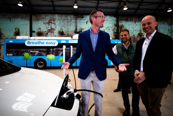 Treasurer Dominic Perrottet, Minister for Transport and Roads Andrew Constance, and Minister for Energy and Environment Matt Kean at the EV policy launch in June last year.