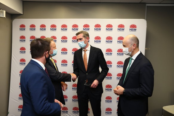 NSW Premier Dominic Perrottet, Deputy Premier Paul Toole (left) and Treasurer and Energy Minister Matt Kean (right) with mining billionaire Andrew “Twiggy” Forrest on Wednesday.